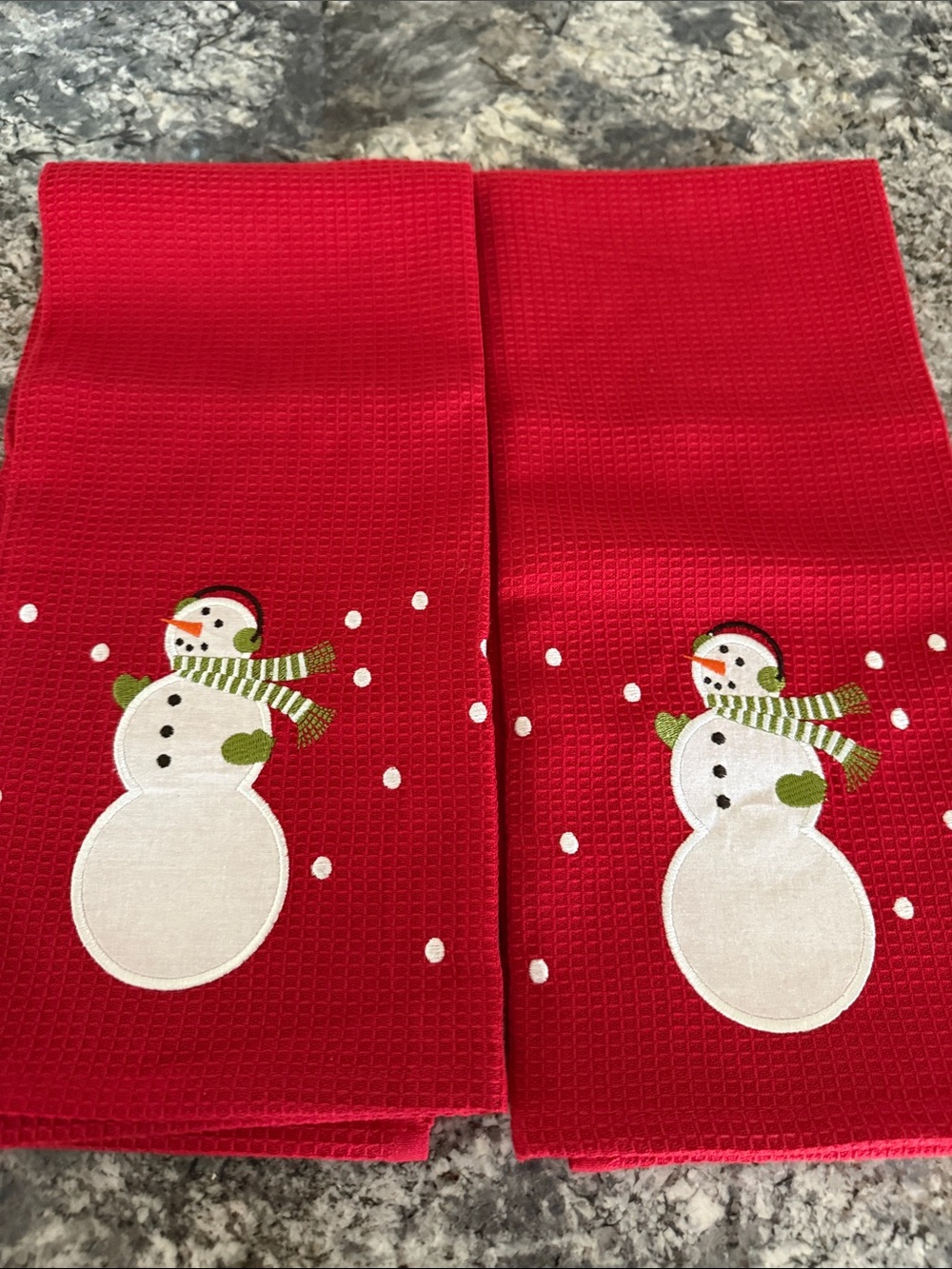 Crate&Barrel Red Snowman Waffle-Weave Holiday Towels - Set of 2